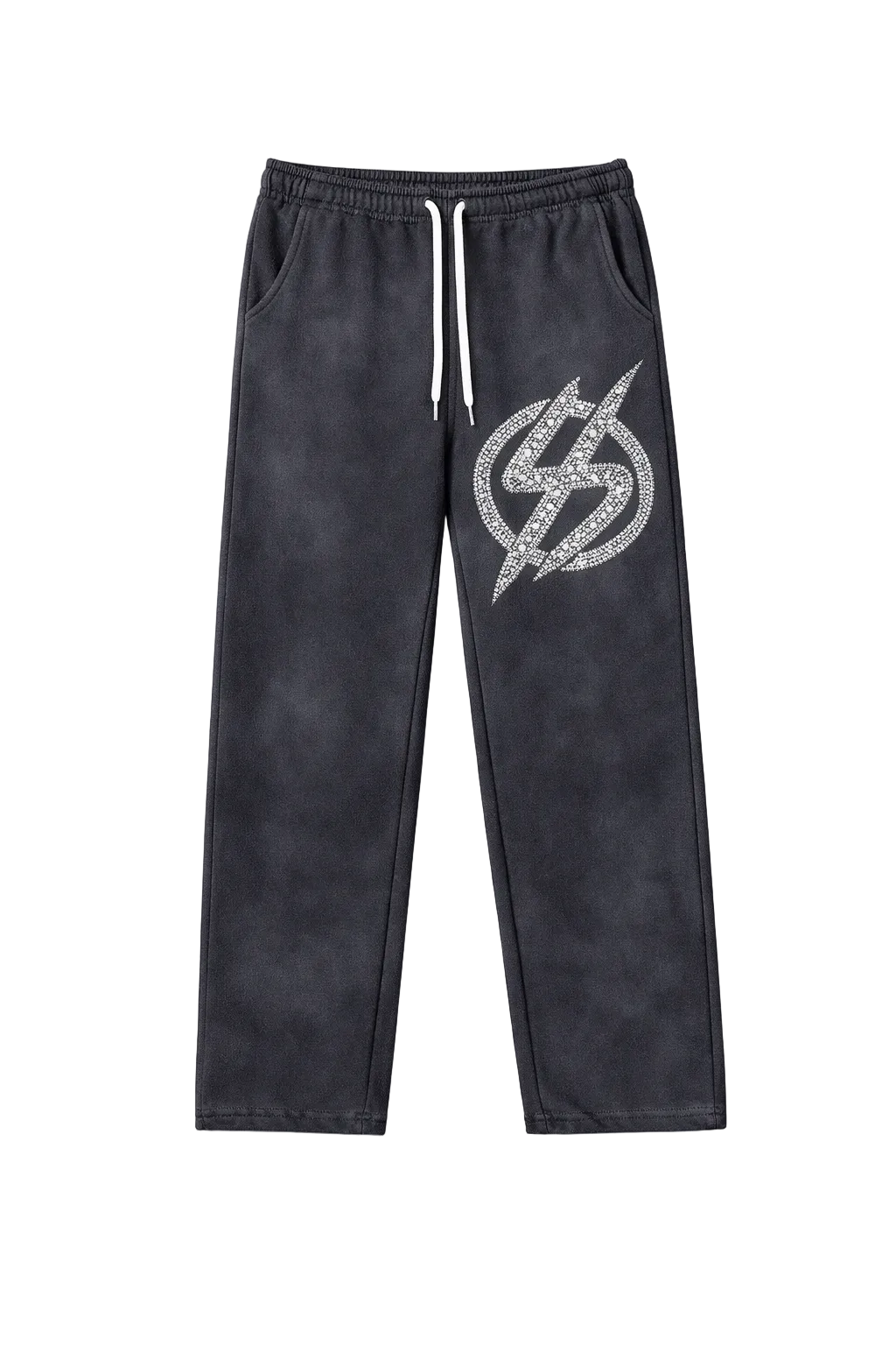 Black pants with a logo on a white background