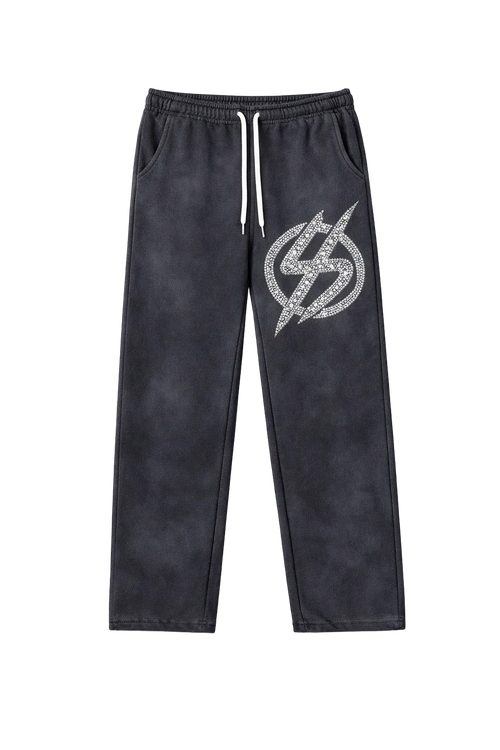 Black pants with a logo on a white background