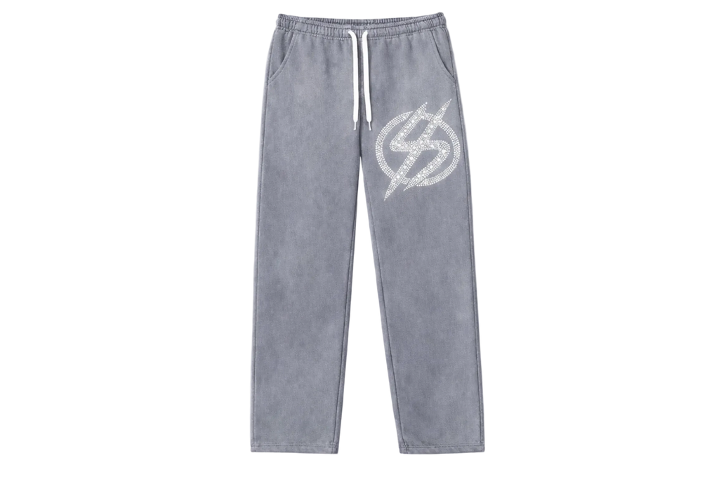 Gray sweatpants with a logo on a white background