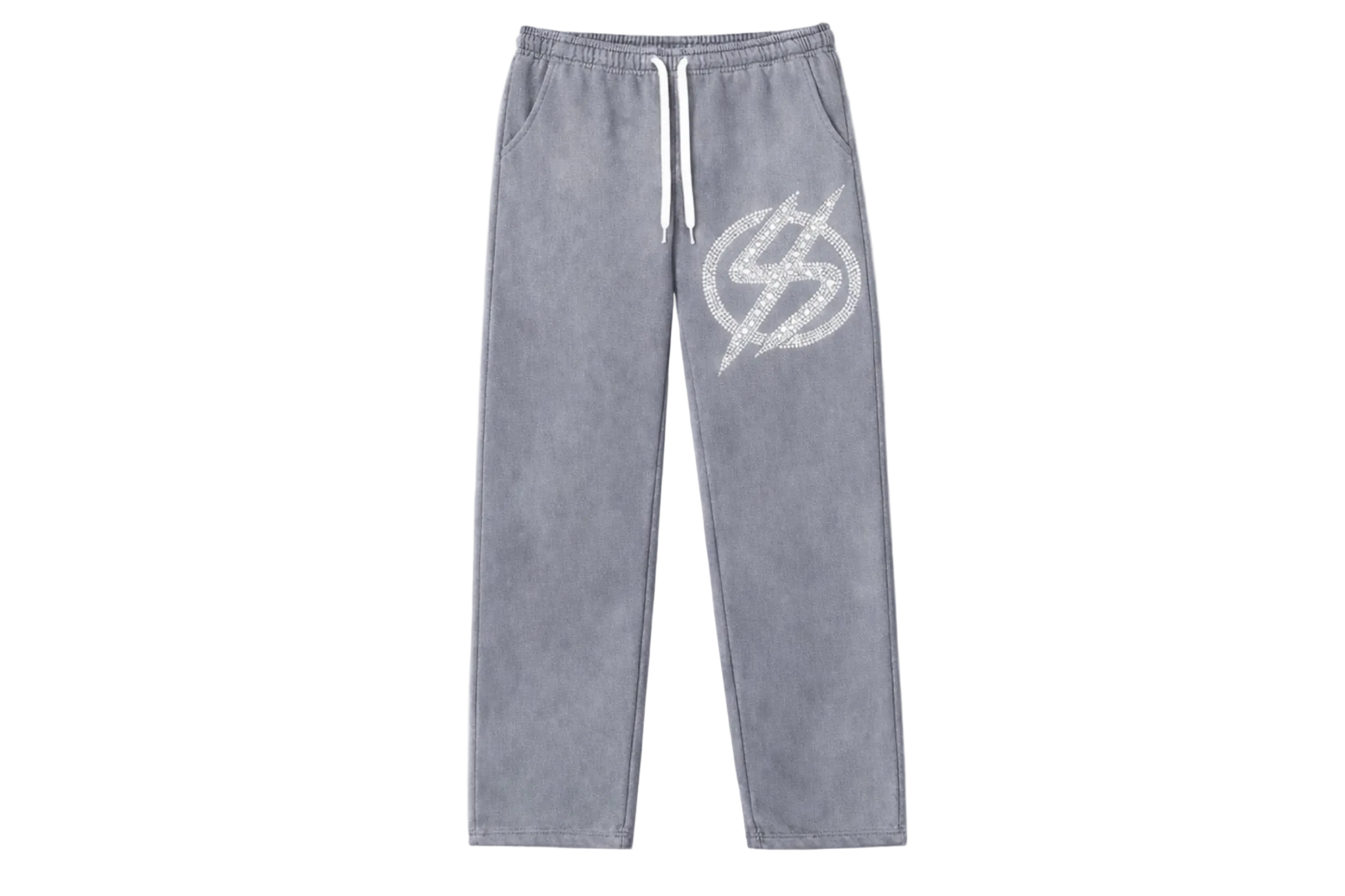 Gray sweatpants with a logo on a white background