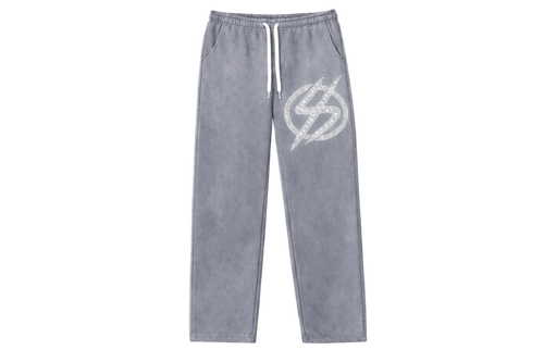 Gray sweatpants with a logo on a white background