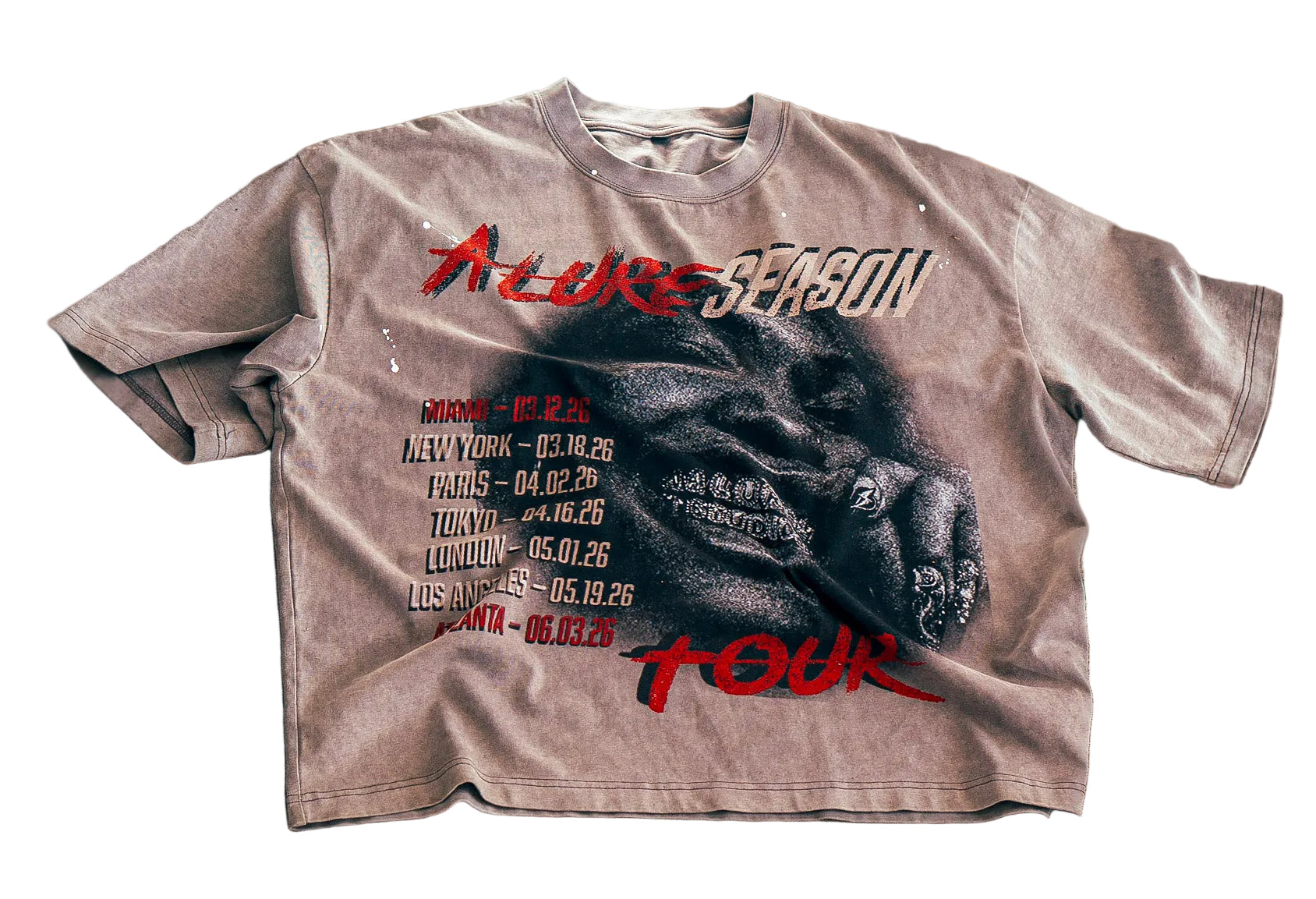 T-shirt with graphic design and text on a textured surface