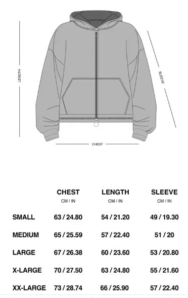Gray hoodie with size chart on a white background