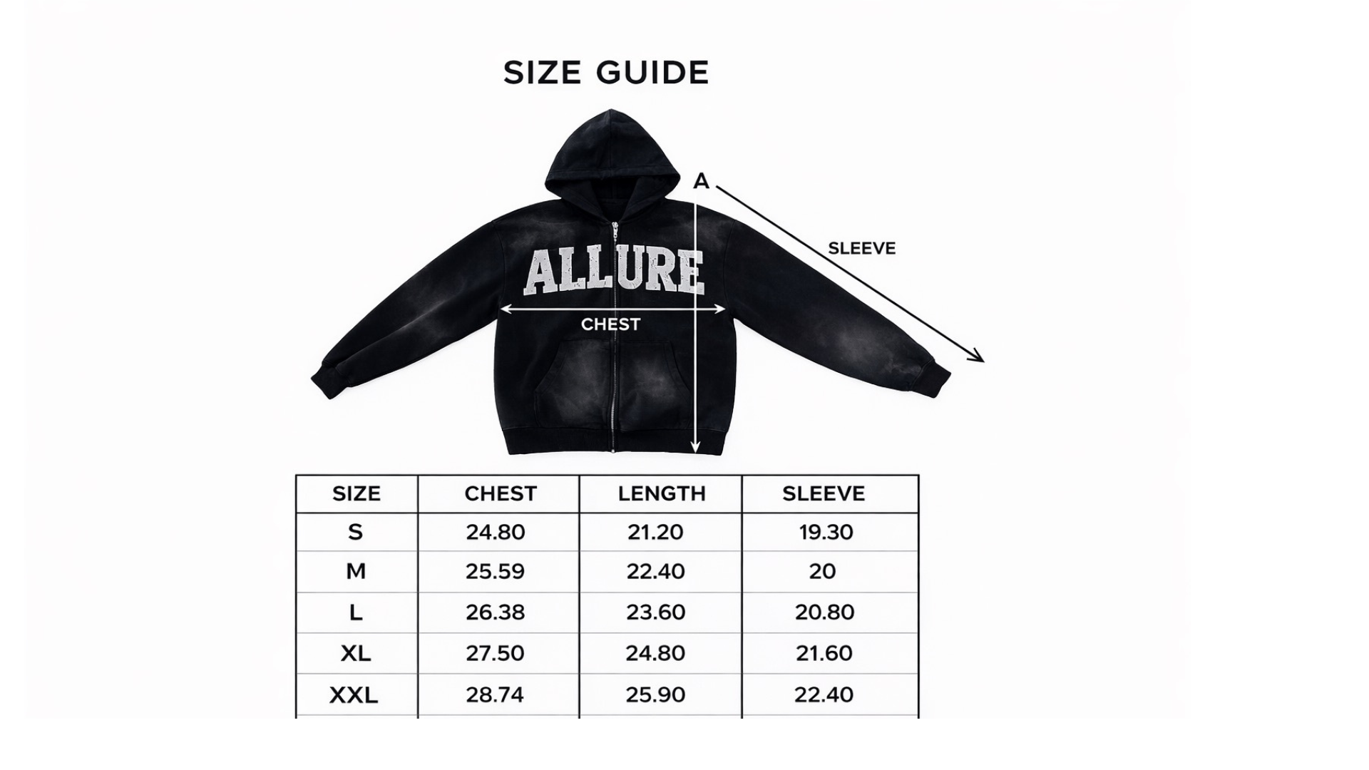 Size guide for a black hoodie with 'ALLURE' branding on a white background