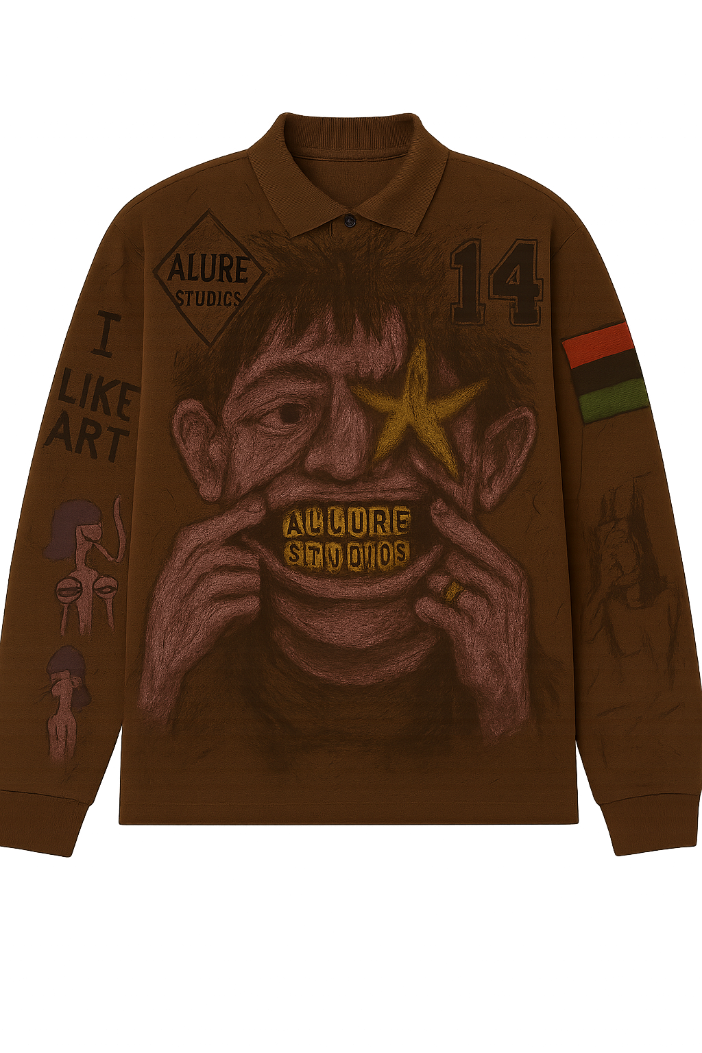 Brown sweater with artistic design and text on a white background