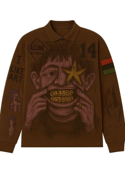 Brown sweater with artistic design and text on a white background