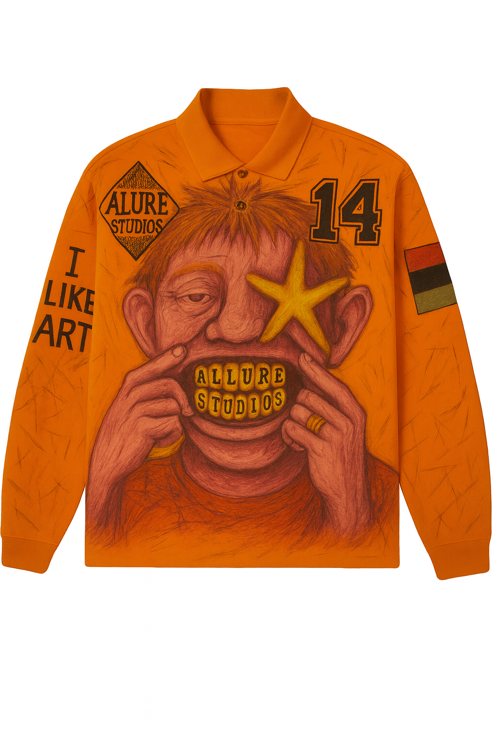 Orange long-sleeve shirt with graphic design and 'Allure Studios' branding on a white background