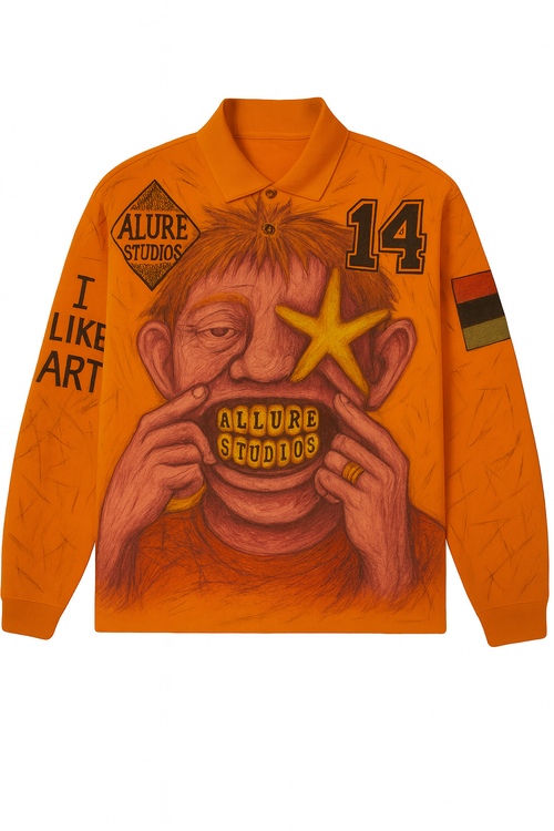 Orange long-sleeve shirt with graphic design and 'Allure Studios' branding on a white background